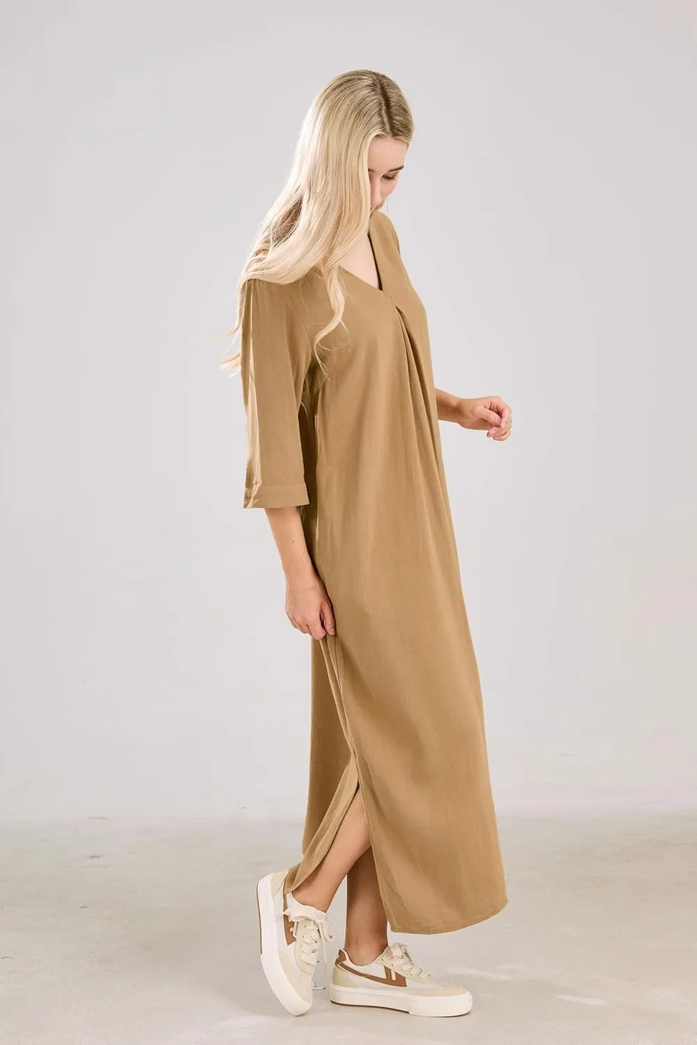 utcoco Womens Cotton Linen Maxi Dresses Casual Loose Fit V Neck 3/4 Sleeve Side Slit A Line Linen Long Dress