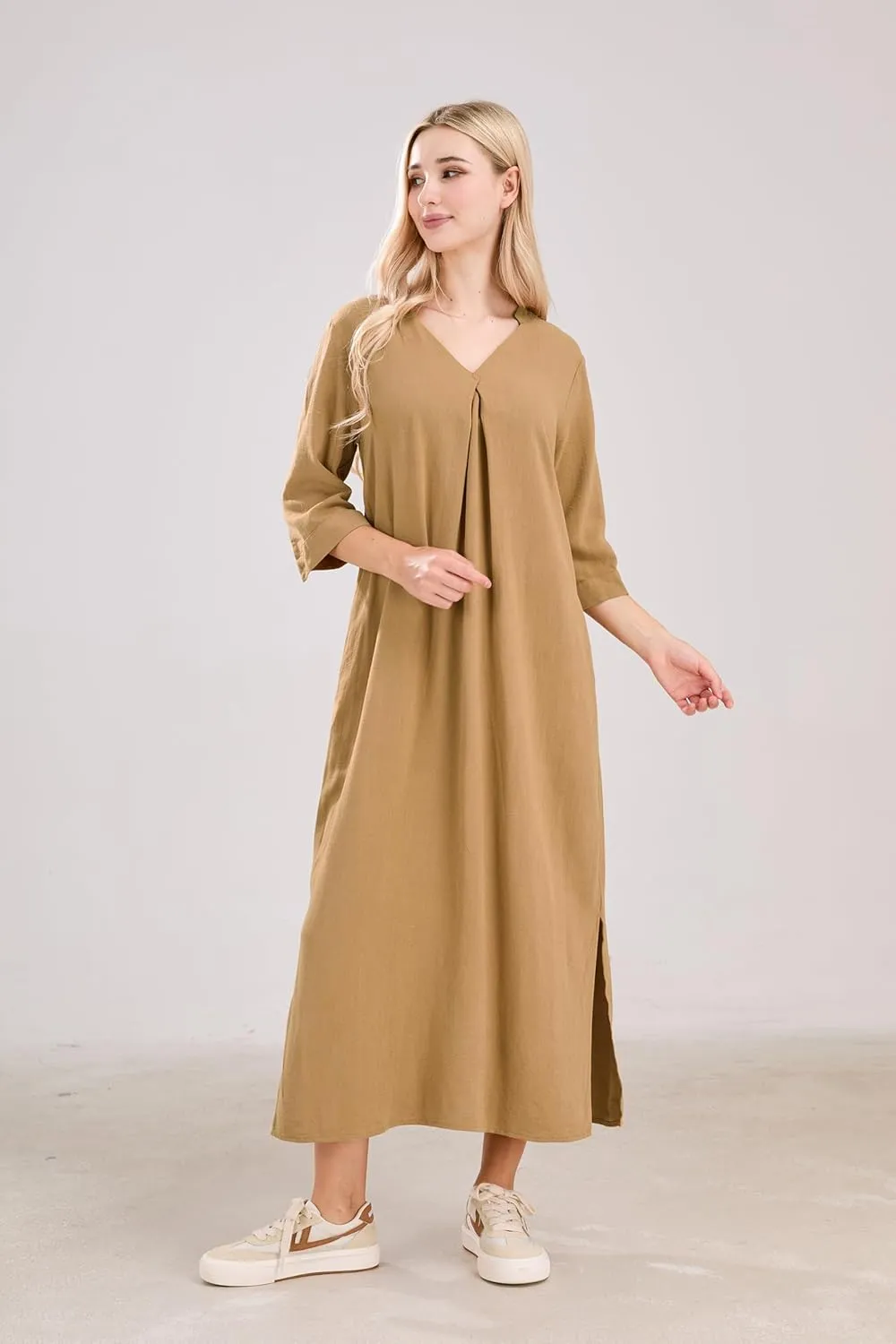 utcoco Womens Cotton Linen Maxi Dresses Casual Loose Fit V Neck 3/4 Sleeve Side Slit A Line Linen Long Dress