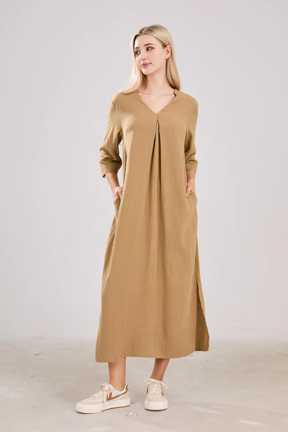 utcoco Womens Cotton Linen Maxi Dresses Casual Loose Fit V Neck 3/4 Sleeve Side Slit A Line Linen Long Dress