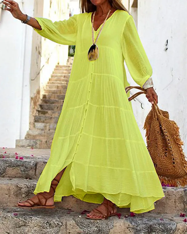 V-neck Loose Long Sleeved Cotton And Linen Dress