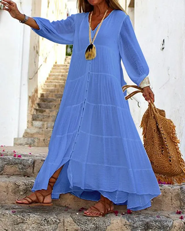V-neck Loose Long Sleeved Cotton And Linen Dress