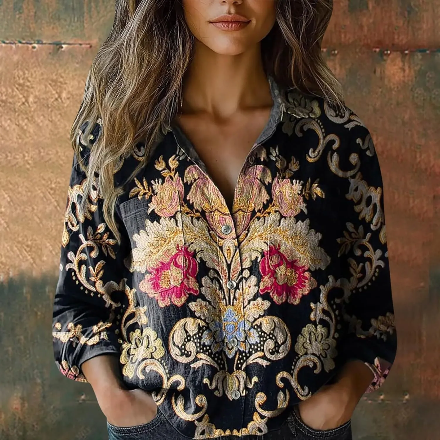 Vintage Boho Tops for Women Floral Print Shirt Casual Long Sleeve Button Down Blouses Dressy T-Shirts with Pocket