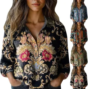 Vintage Boho Tops for Women Floral Print Shirt Casual Long Sleeve Button Down Blouses Dressy T-Shirts with Pocket