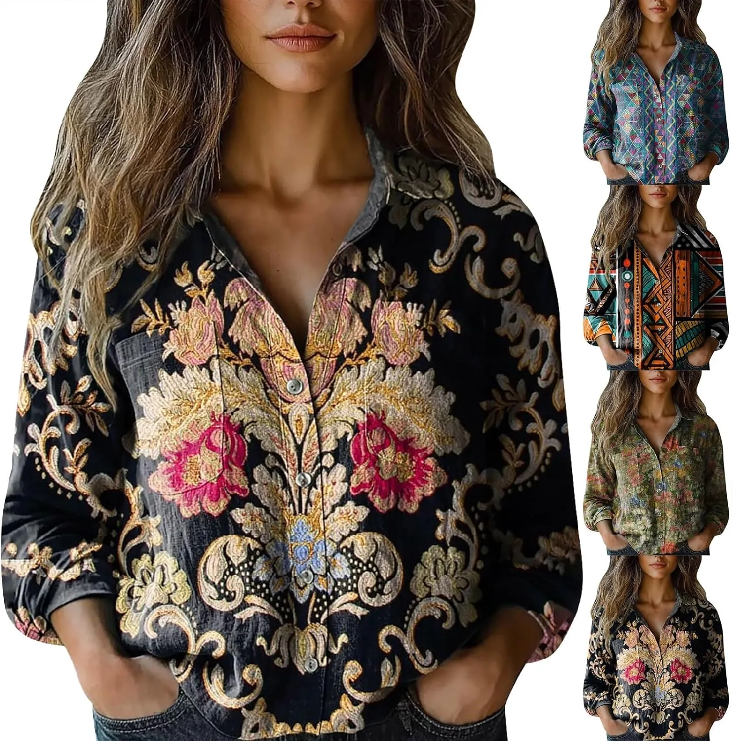 Vintage Boho Tops for Women Floral Print Shirt Casual Long Sleeve Button Down Blouses Dressy T-Shirts with Pocket