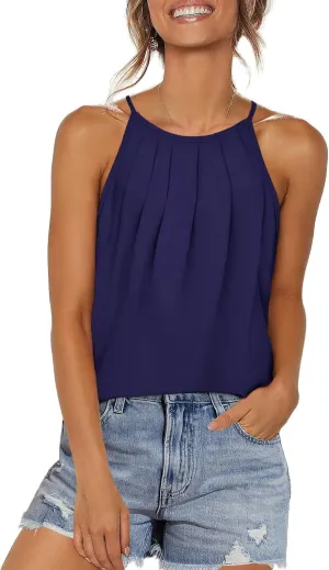 WIHOLL Womens Pleated Tank Tops Spaghetti Strap Camisole Halter Tops Curved Hem Fashion 2025