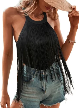 Women Cowgirl Fringe Tank Top - Country Concert Outfits Boho Halter Tassel Tops Nashville Festival High Neck Shirt
