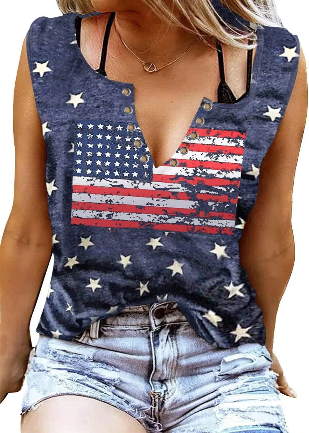 Womens American Flag Tank Tops Patriotic Shirts for Women 4th of July Tanks Top Loose Fit Summer Ring Hole V-Neck Tees Top