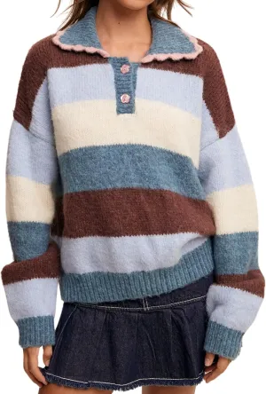Womens Cozy Multi Striped Sweater Lapel Scalloped Collar Color Block Loose Knit Pullover Coats