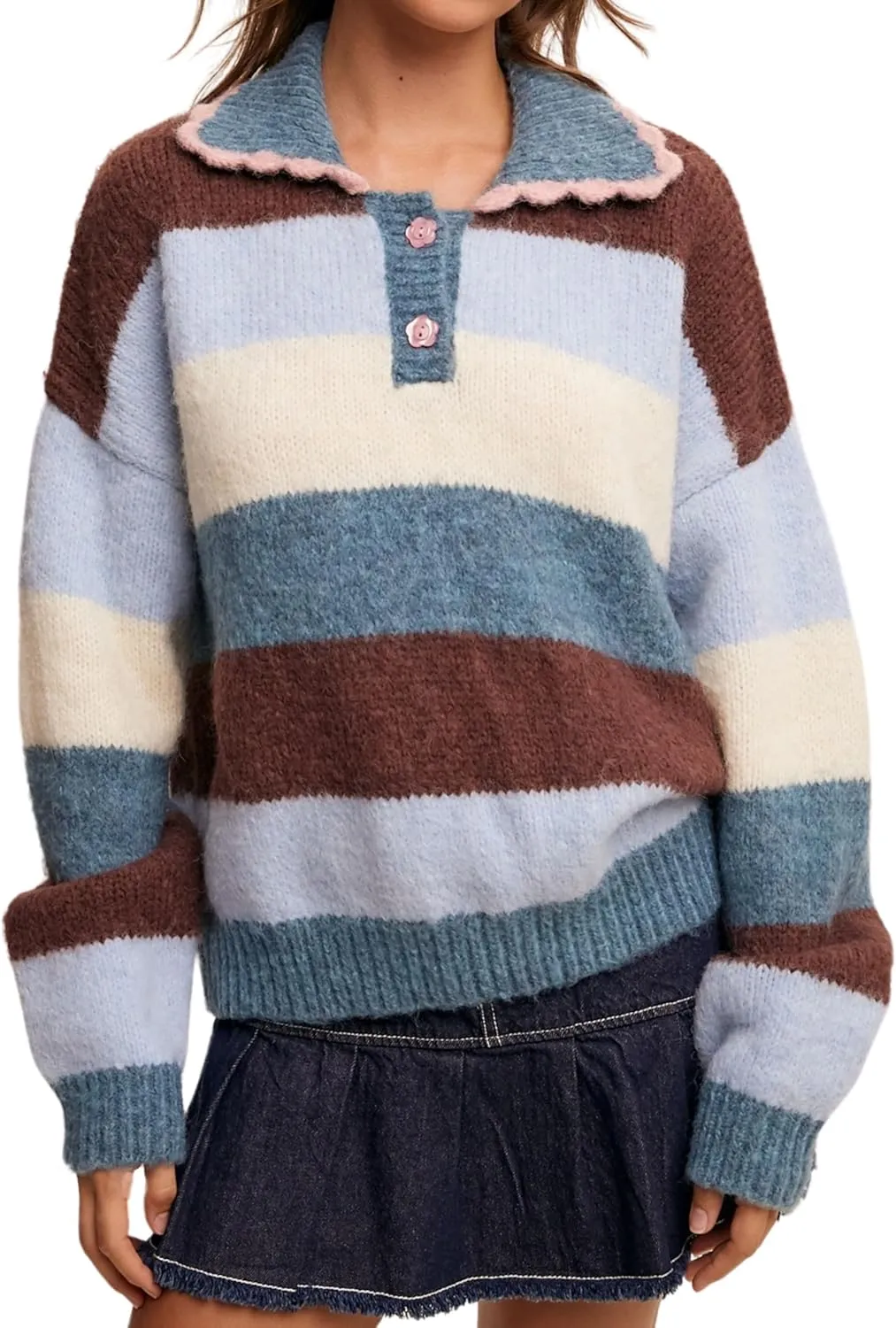 Womens Cozy Multi Striped Sweater Lapel Scalloped Collar Color Block Loose Knit Pullover Coats