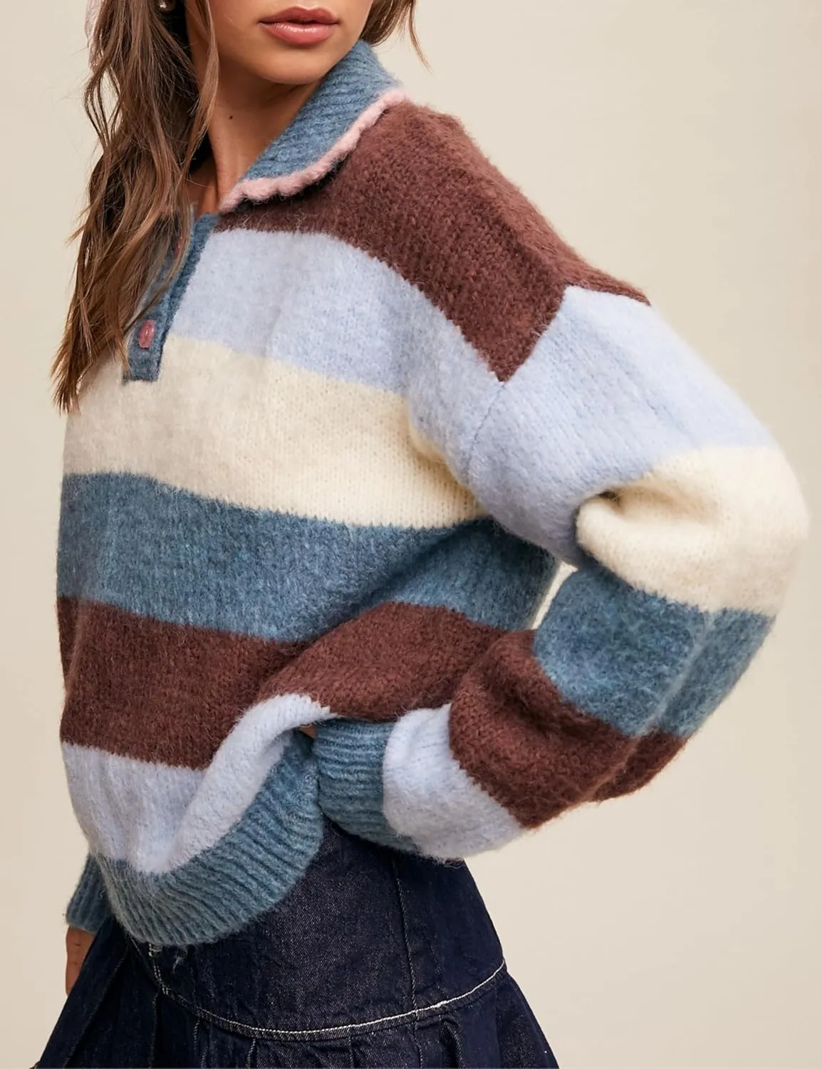 Womens Cozy Multi Striped Sweater Lapel Scalloped Collar Color Block Loose Knit Pullover Coats