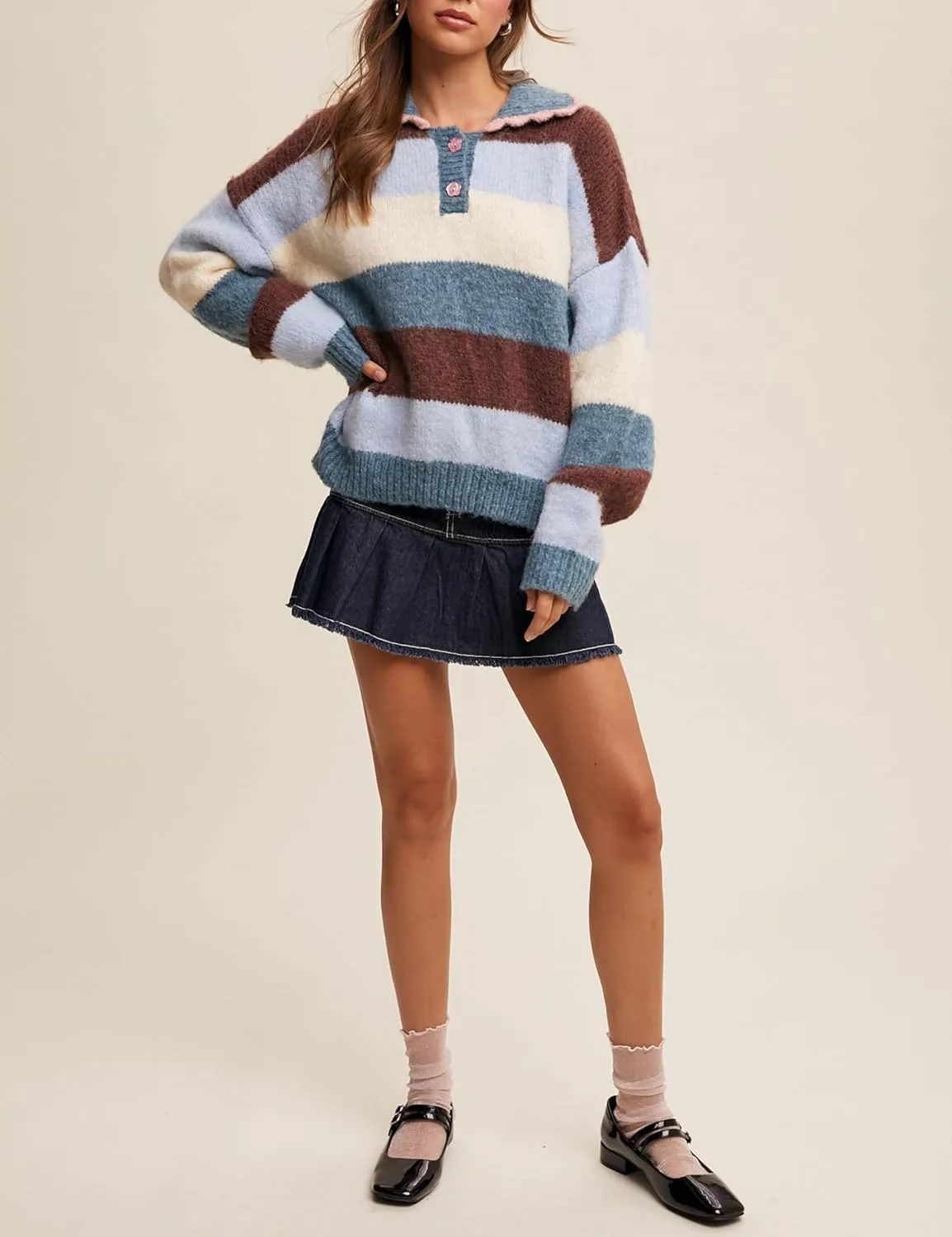 Womens Cozy Multi Striped Sweater Lapel Scalloped Collar Color Block Loose Knit Pullover Coats