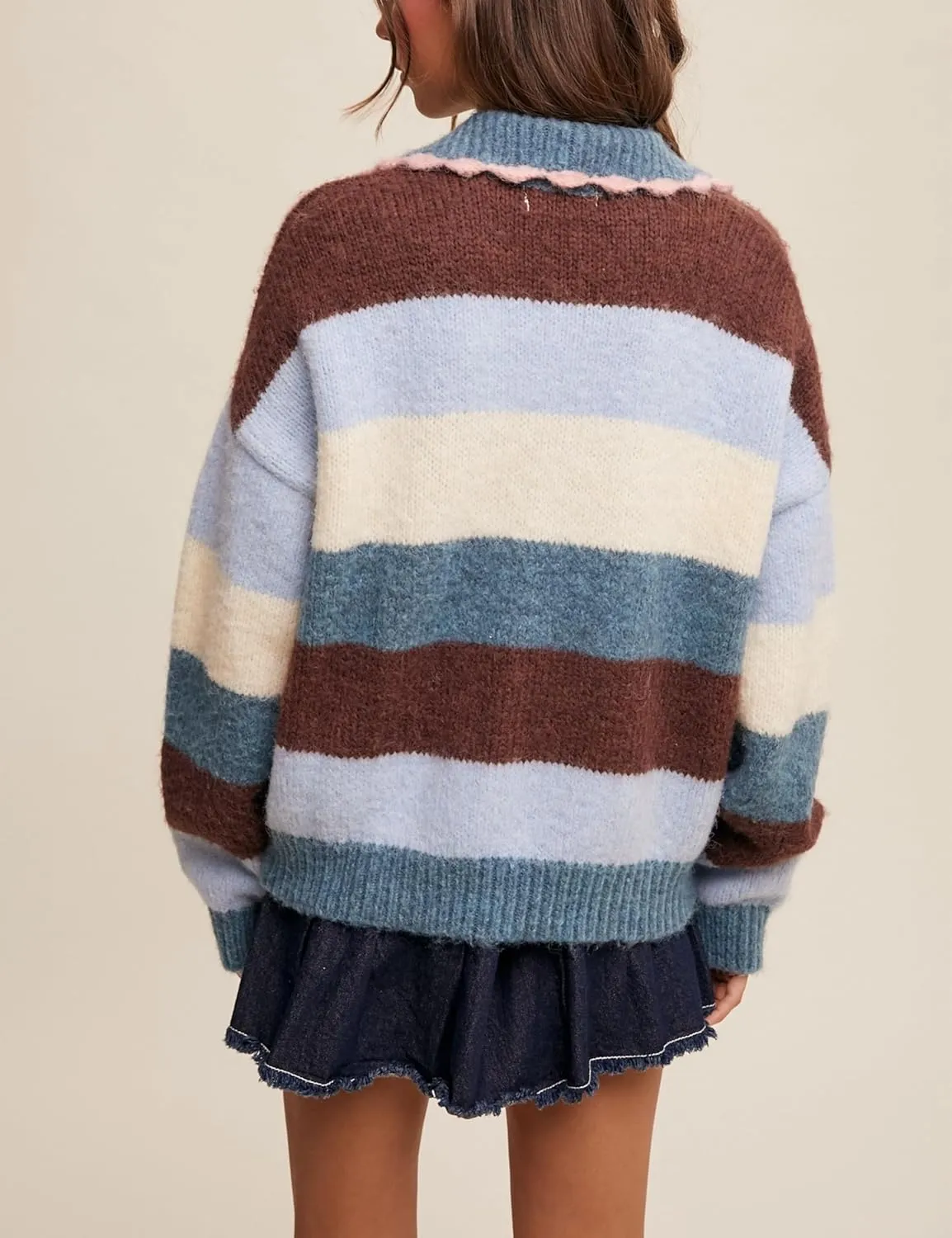 Womens Cozy Multi Striped Sweater Lapel Scalloped Collar Color Block Loose Knit Pullover Coats