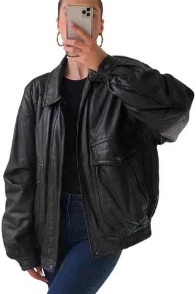 Womens Fashion 90s Leather Jacket Ladies Oversized Leather Bomber Jacket | 90s Retro Vintage Leather Jacket