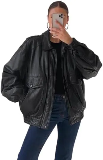 Womens Fashion 90s Leather Jacket Ladies Oversized Leather Bomber Jacket | 90s Retro Vintage Leather Jacket