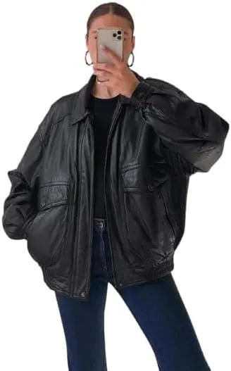 Womens Fashion 90s Leather Jacket Ladies Oversized Leather Bomber Jacket | 90s Retro Vintage Leather Jacket