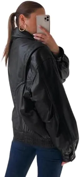 Womens Fashion 90s Leather Jacket Ladies Oversized Leather Bomber Jacket | 90s Retro Vintage Leather Jacket