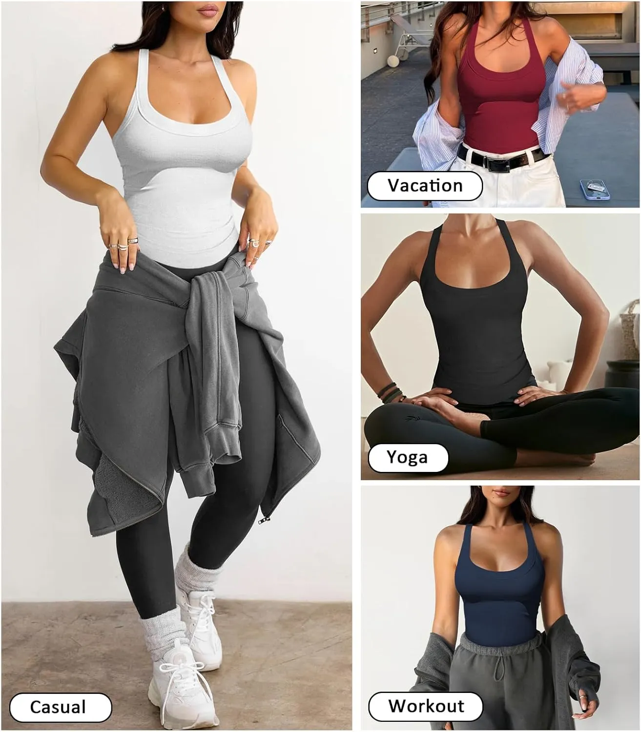 Womens Halter Top Deep Scoop Neck Low Cut Racerback Tank Top for Women Workout Ribbed Knit Fitted Sleeveless Cami Shirt