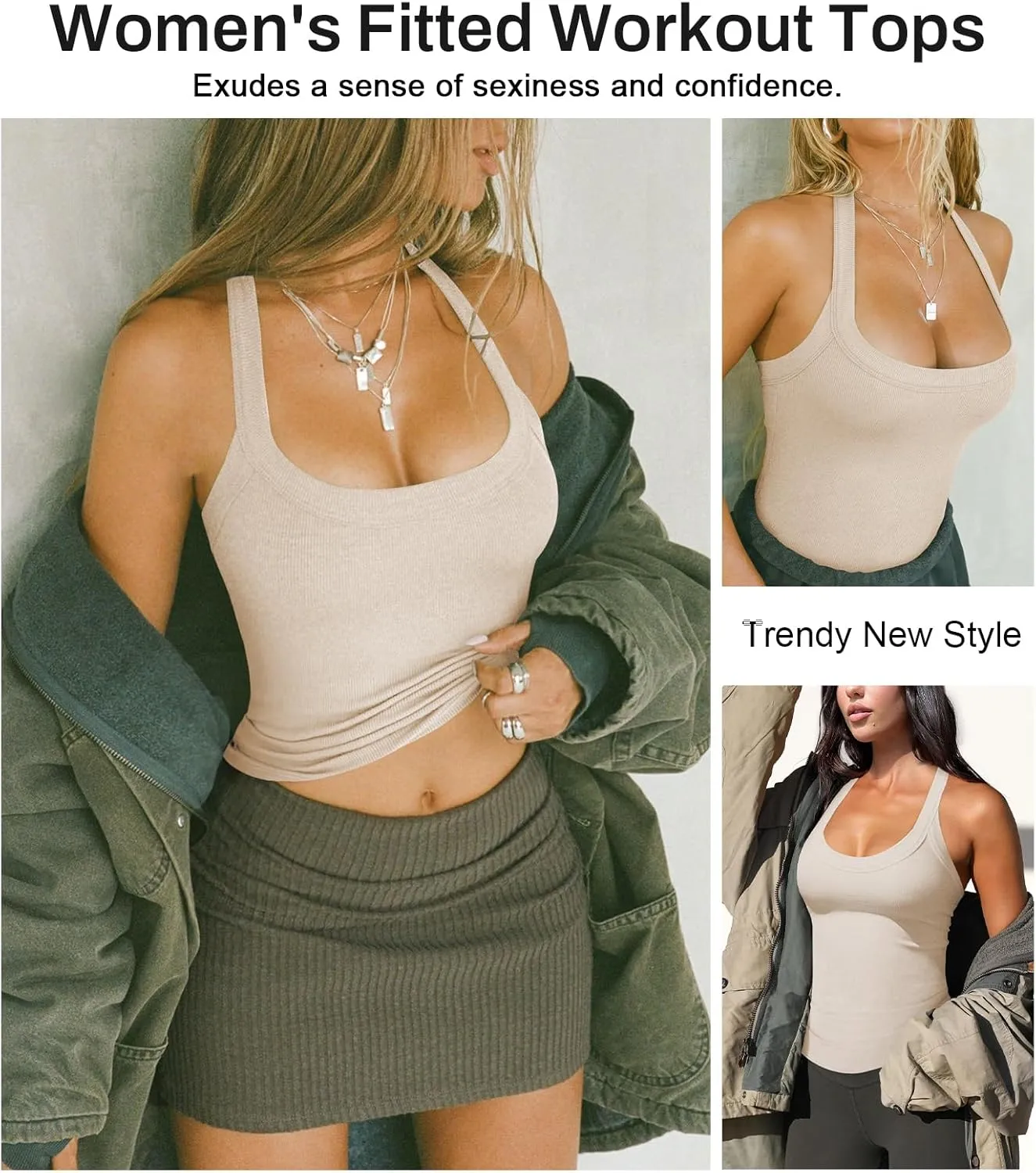 Womens Halter Top Deep Scoop Neck Low Cut Racerback Tank Top for Women Workout Ribbed Knit Fitted Sleeveless Cami Shirt