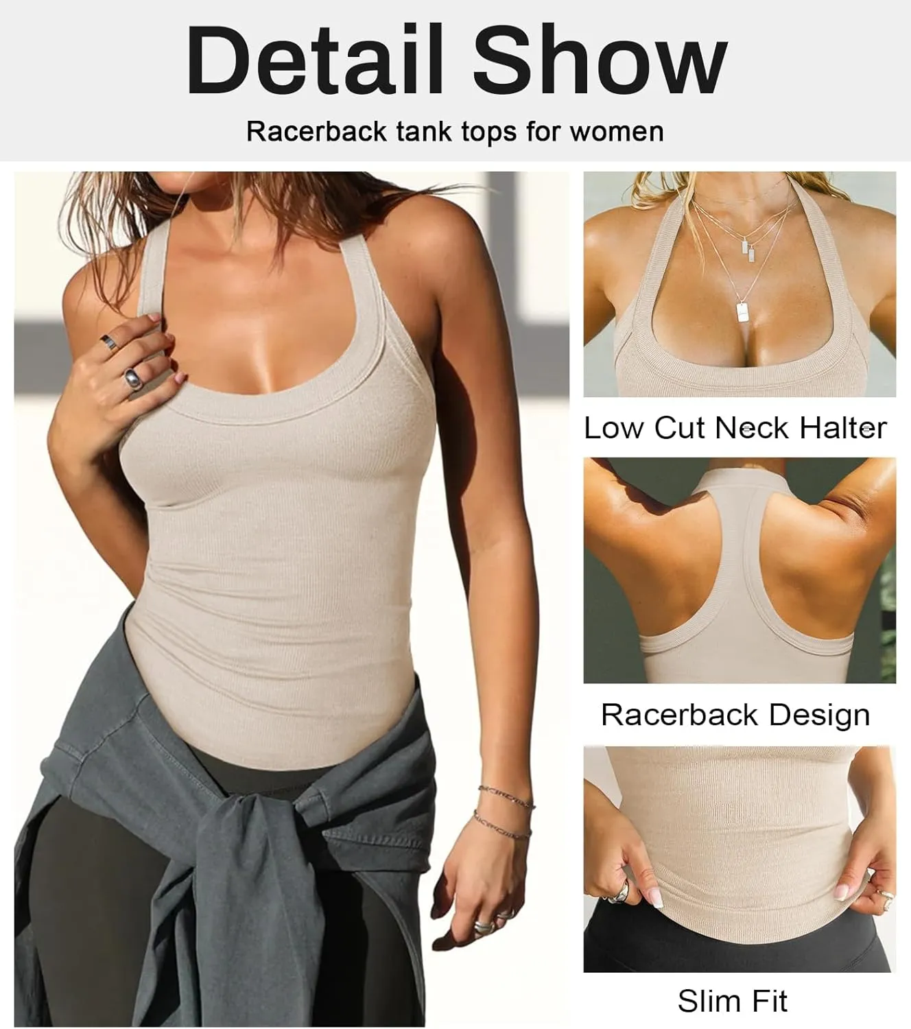 Womens Halter Top Deep Scoop Neck Low Cut Racerback Tank Top for Women Workout Ribbed Knit Fitted Sleeveless Cami Shirt