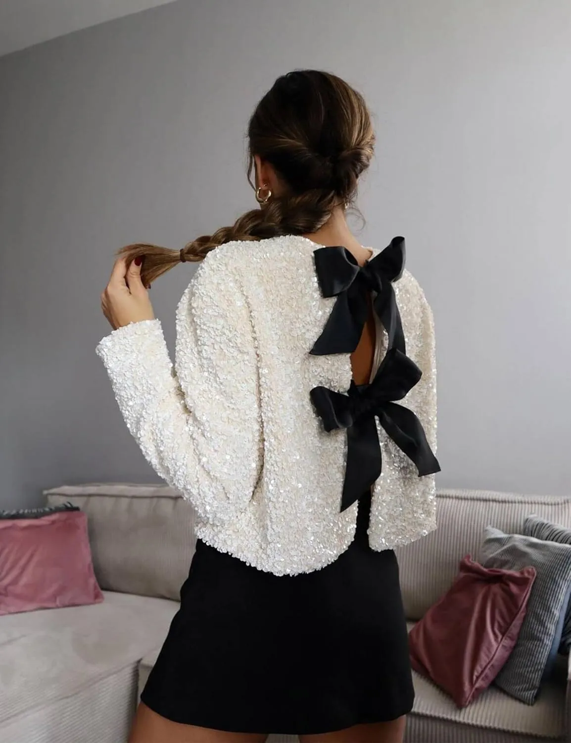 Womens Long Sleeve Sequin Jacket Bow Blazer Jackets Christmas Sparkling Party Coat Outerwear