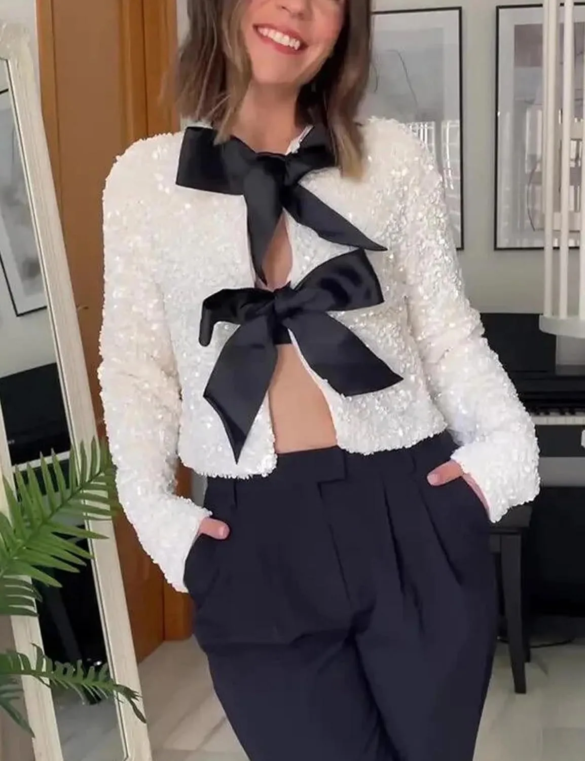 Womens Long Sleeve Sequin Jacket Bow Blazer Jackets Christmas Sparkling Party Coat Outerwear