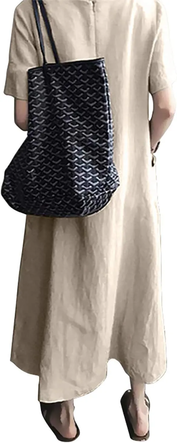 Women's Maxi Dress Solid Plus Size Loose Cotton Linen Long Dresses with Pockets