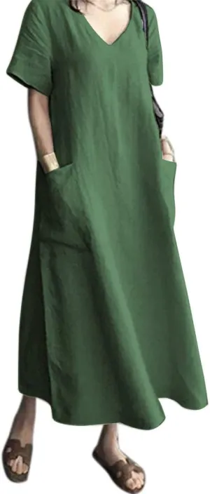 Women's Maxi Dress Solid Plus Size Loose Cotton Linen Long Dresses with Pockets