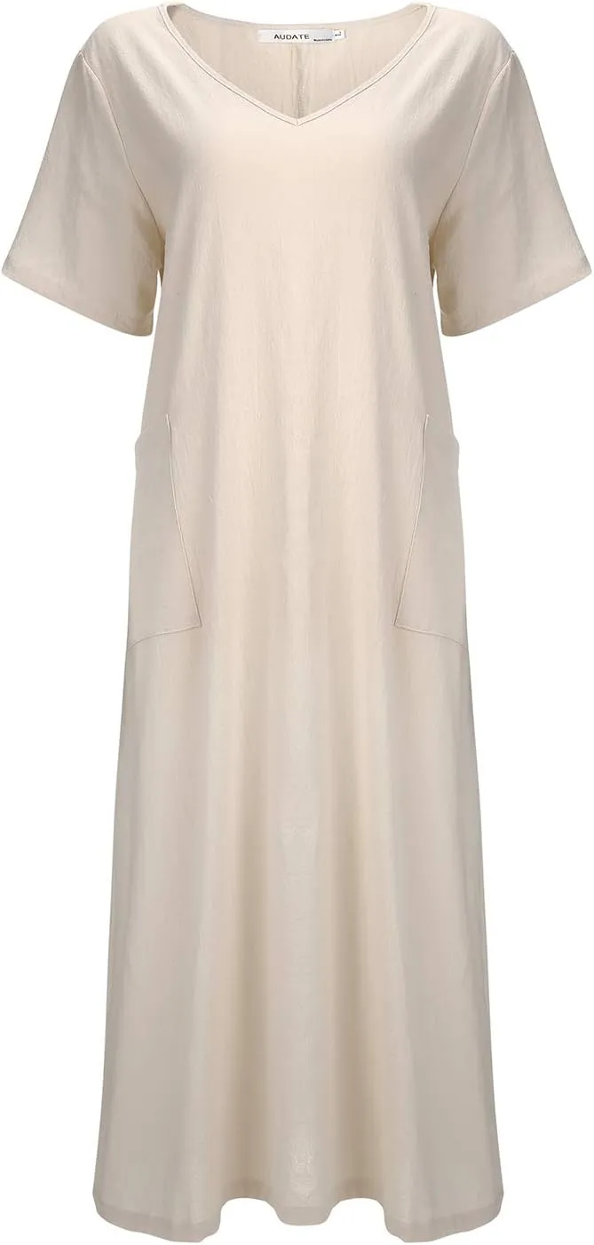 Women's Maxi Dress Solid Plus Size Loose Cotton Linen Long Dresses with Pockets