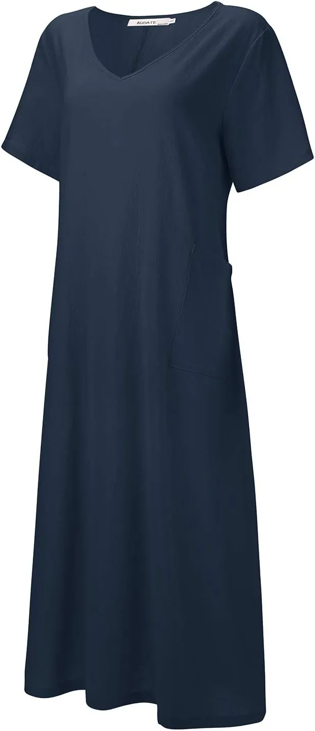 Women's Maxi Dress Solid Plus Size Loose Cotton Linen Long Dresses with Pockets