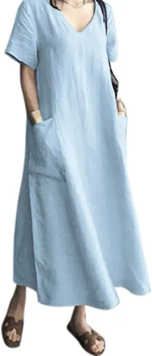 Women's Maxi Dress Solid Plus Size Loose Cotton Linen Long Dresses with Pockets