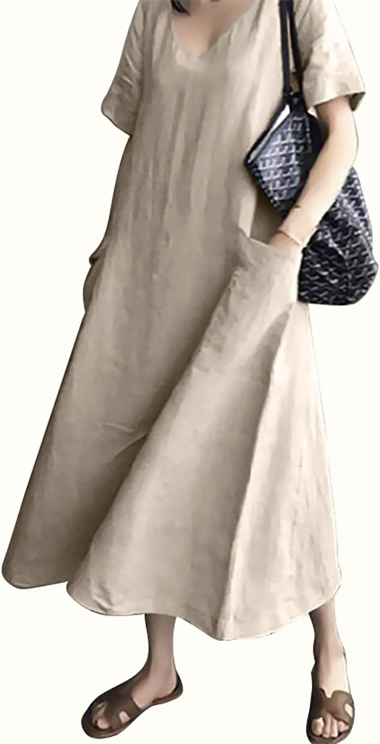 Women's Maxi Dress Solid Plus Size Loose Cotton Linen Long Dresses with Pockets