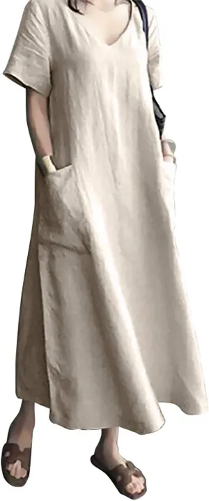 Women's Maxi Dress Solid Plus Size Loose Cotton Linen Long Dresses with Pockets