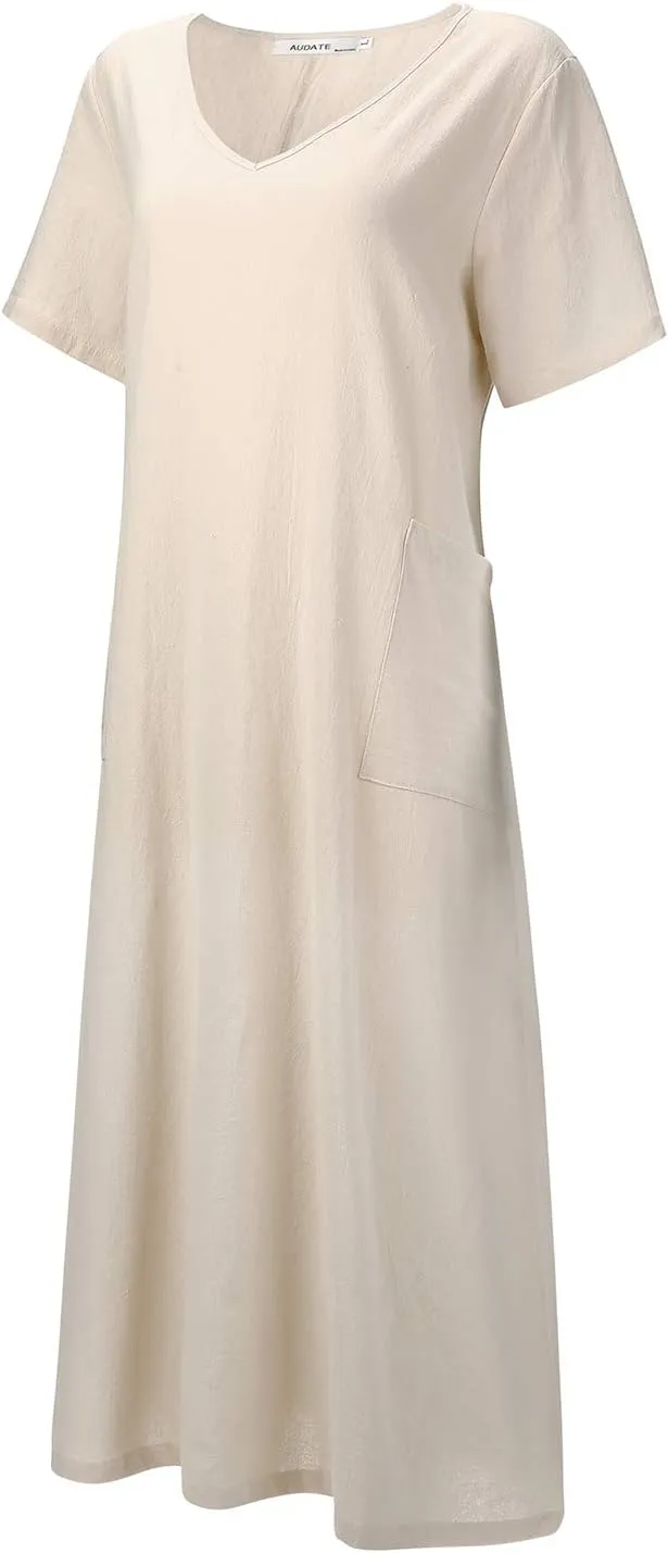 Women's Maxi Dress Solid Plus Size Loose Cotton Linen Long Dresses with Pockets