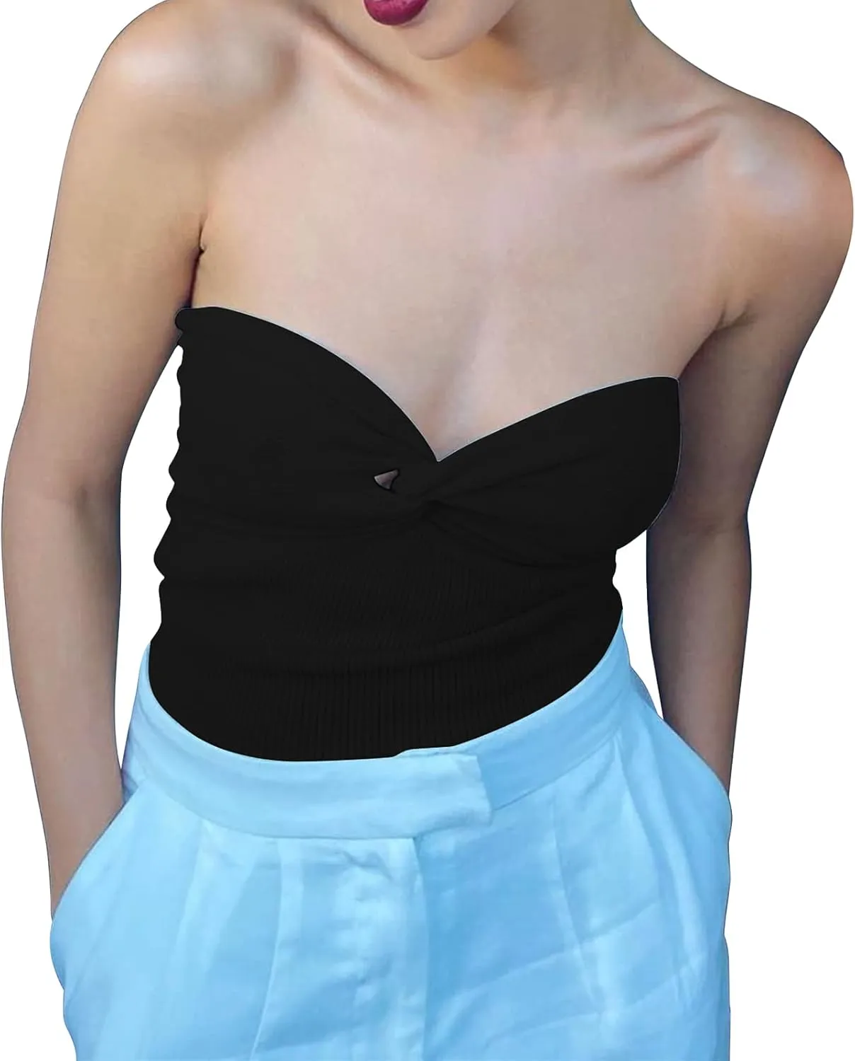 Women's Sexy Crop Tops Strapless Twisted Front Ribbed Knit Tube Top Sleeveless Sweetheart Neck Y2K Camisole Tank Top