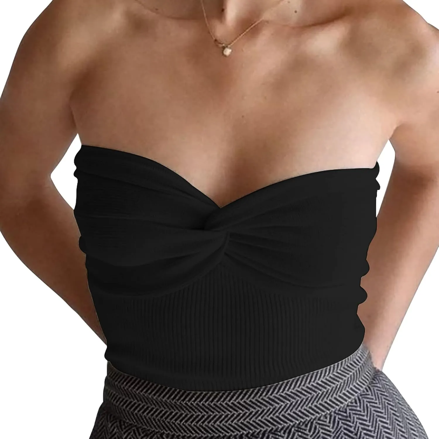 Women's Sexy Crop Tops Strapless Twisted Front Ribbed Knit Tube Top Sleeveless Sweetheart Neck Y2K Camisole Tank Top