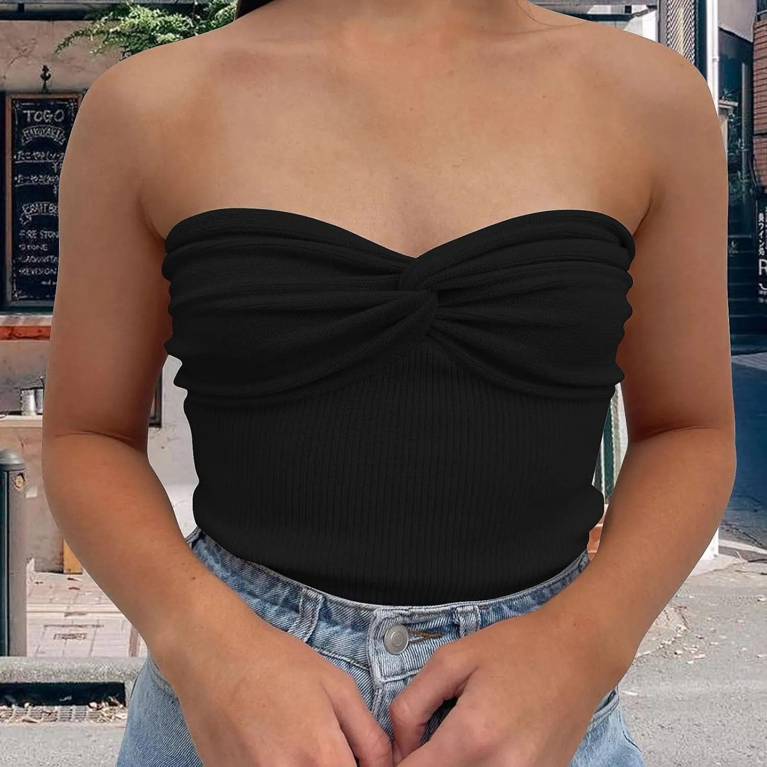 Women's Sexy Crop Tops Strapless Twisted Front Ribbed Knit Tube Top Sleeveless Sweetheart Neck Y2K Camisole Tank Top