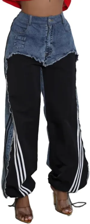 Womens Straight Leg Jeans High Waist Patchwork Stripes Loose Denim Pants Color Block Baggy Jeans