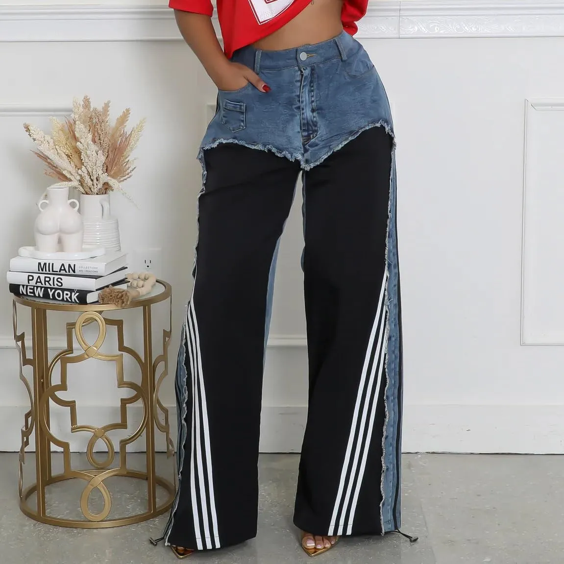 Womens Straight Leg Jeans High Waist Patchwork Stripes Loose Denim Pants Color Block Baggy Jeans