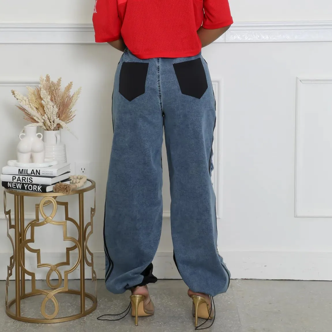 Womens Straight Leg Jeans High Waist Patchwork Stripes Loose Denim Pants Color Block Baggy Jeans