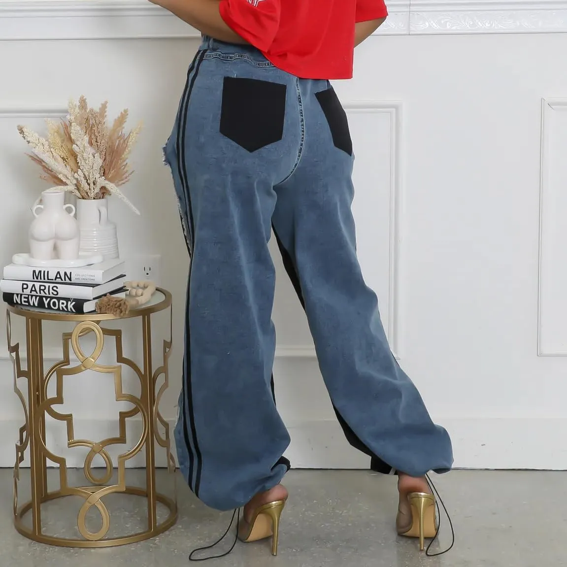 Womens Straight Leg Jeans High Waist Patchwork Stripes Loose Denim Pants Color Block Baggy Jeans