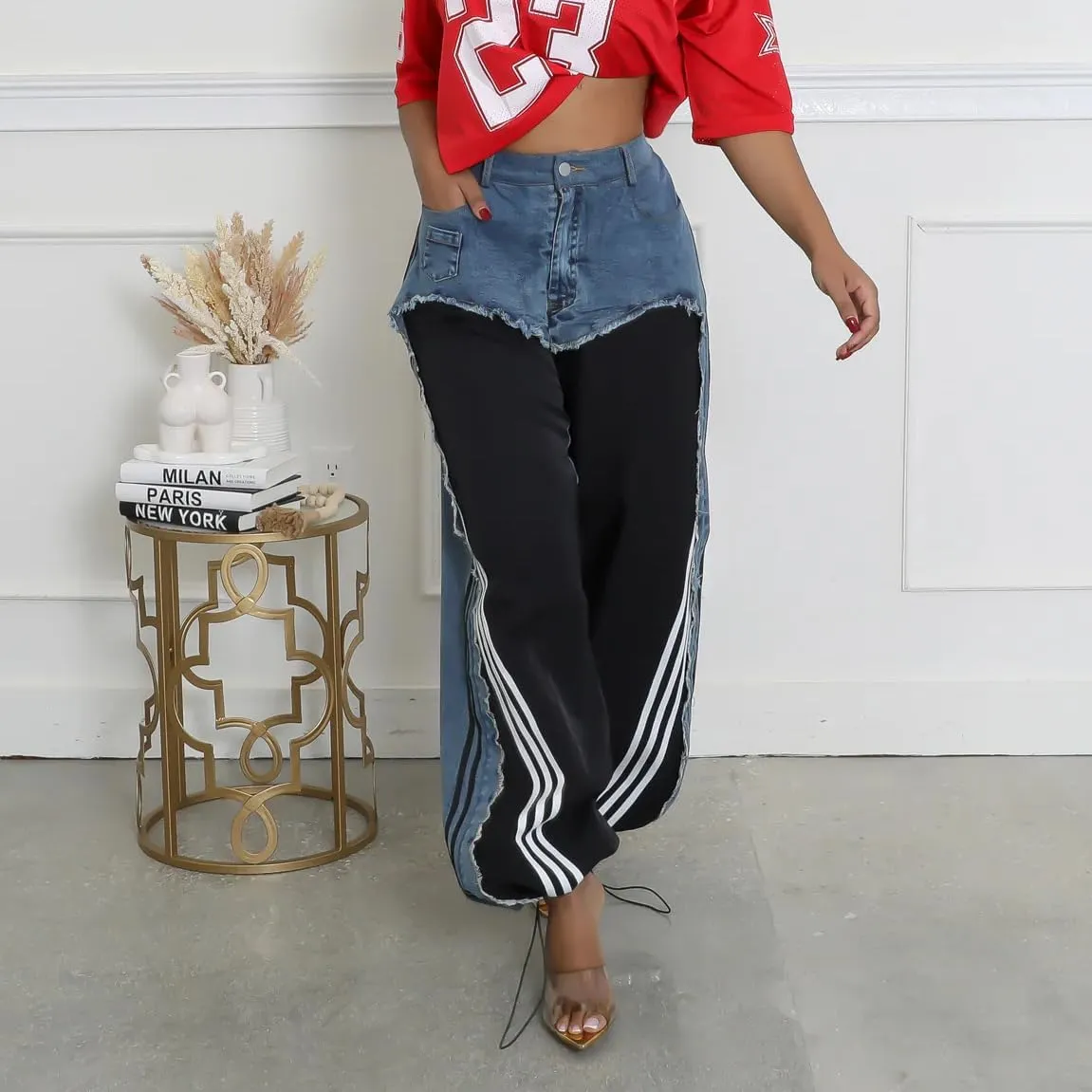 Womens Straight Leg Jeans High Waist Patchwork Stripes Loose Denim Pants Color Block Baggy Jeans