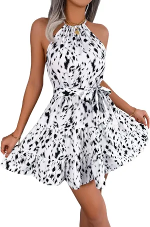 Women's Summer Dress Casual Halter Neck Sleeveless A Line Ruffle Dresses Party Beach Sun Dress