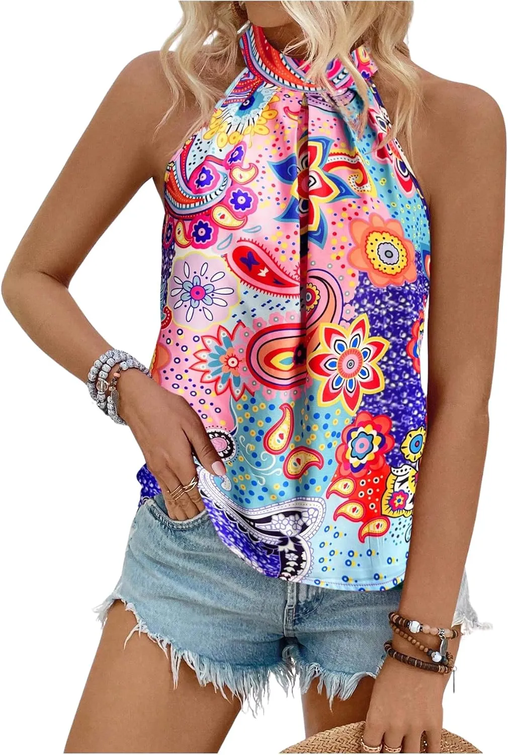 Women's Tropical Paisley Print Halter Blouse Sleeveless Boho Shirt Tops Button Back Vacation Tops