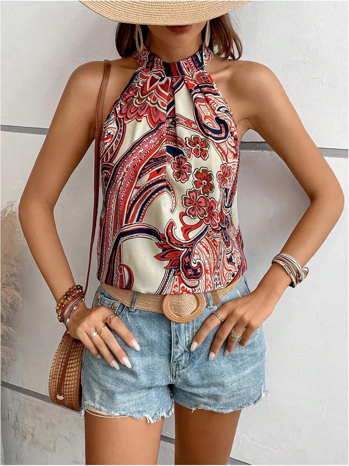 Women's Tropical Paisley Print Halter Blouse Sleeveless Boho Shirt Tops Button Back Vacation Tops