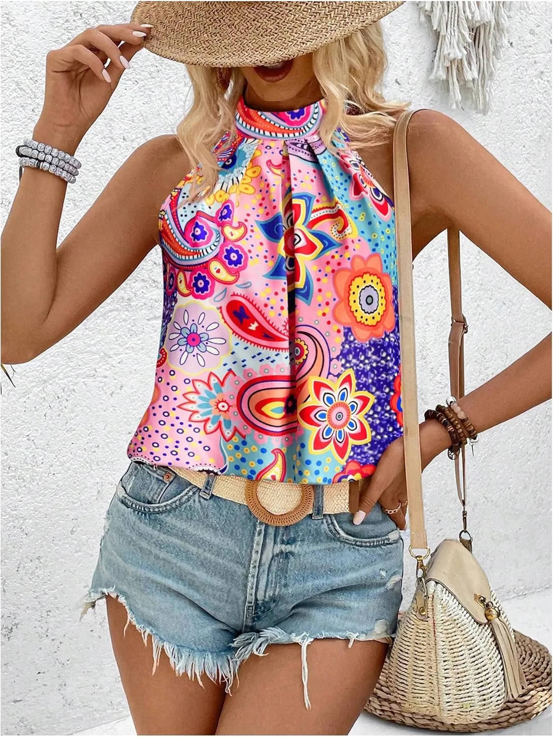 Women's Tropical Paisley Print Halter Blouse Sleeveless Boho Shirt Tops Button Back Vacation Tops
