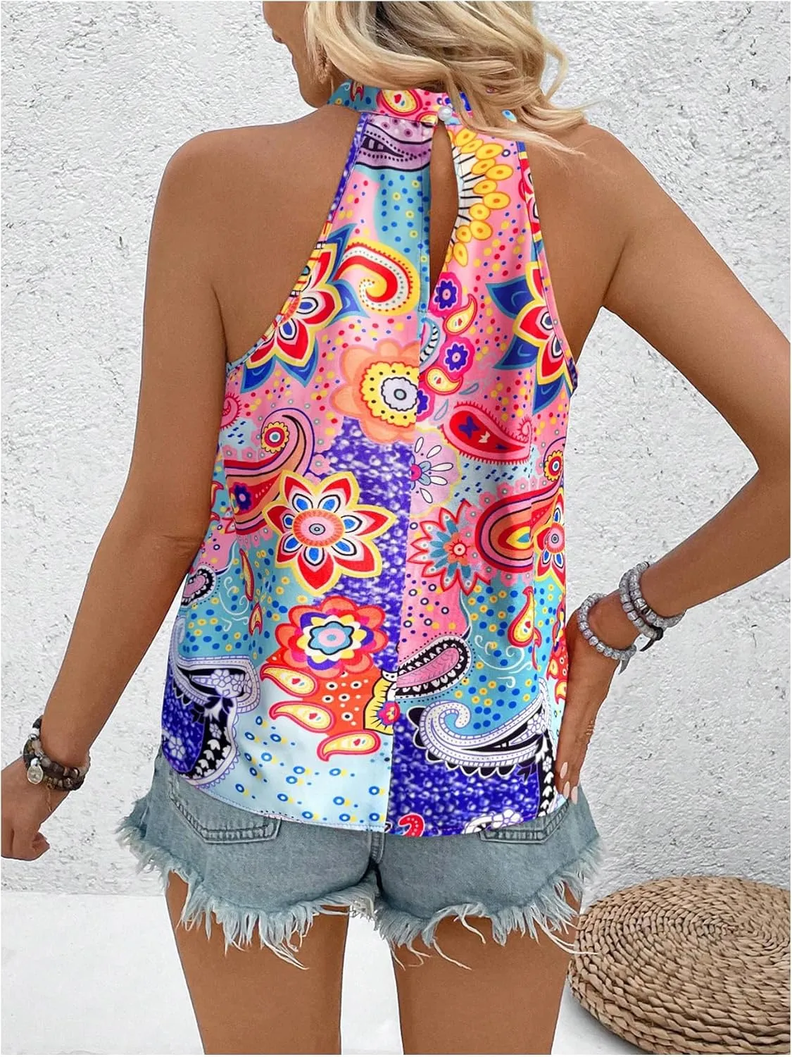 Women's Tropical Paisley Print Halter Blouse Sleeveless Boho Shirt Tops Button Back Vacation Tops