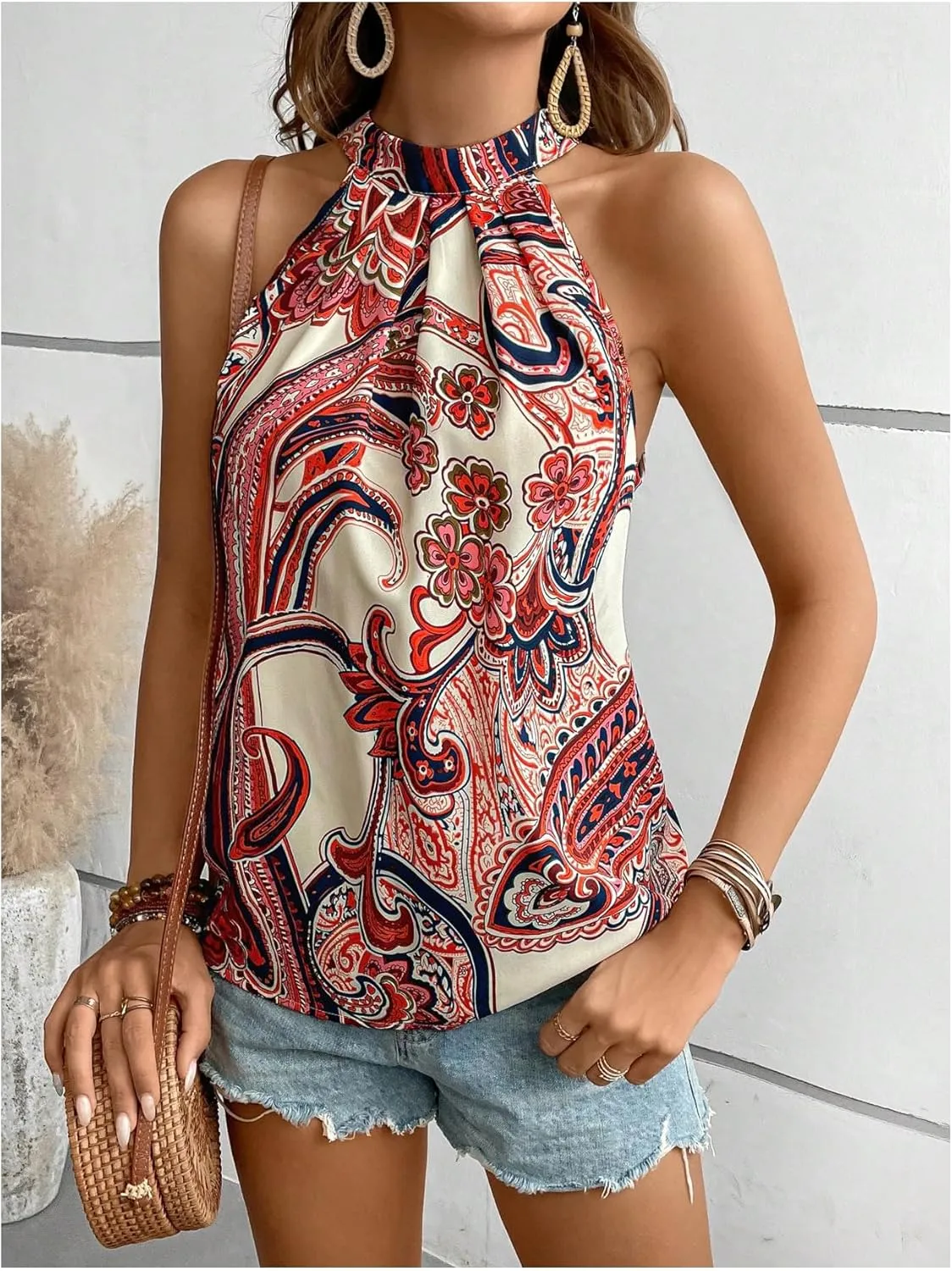Women's Tropical Paisley Print Halter Blouse Sleeveless Boho Shirt Tops Button Back Vacation Tops
