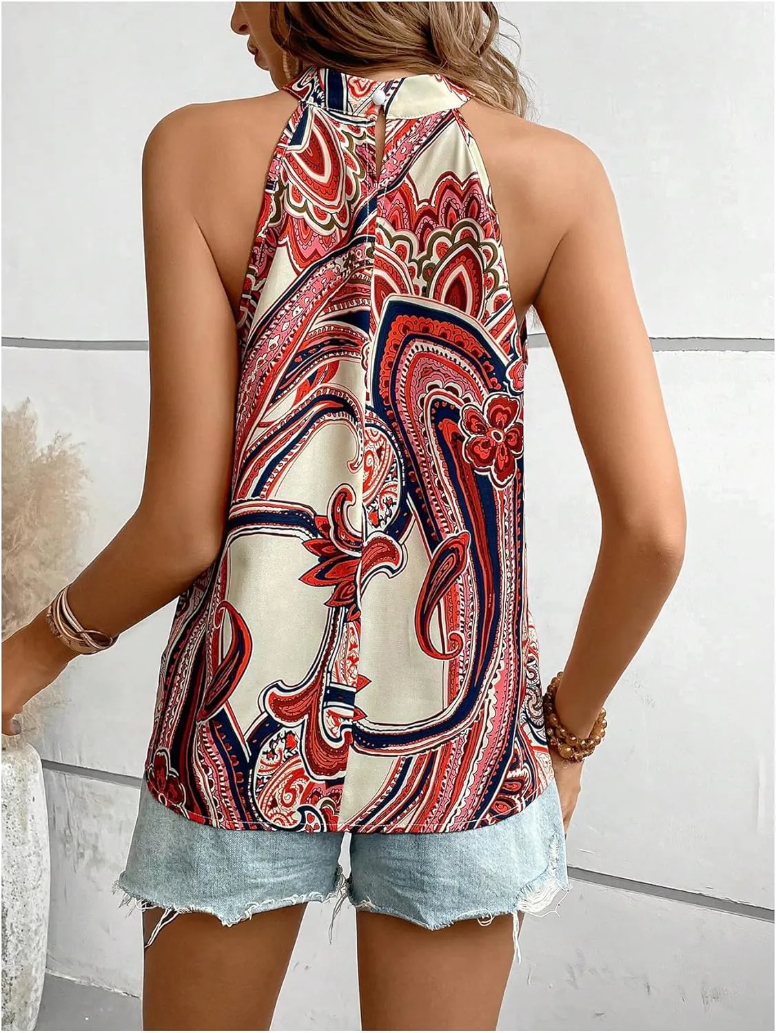 Women's Tropical Paisley Print Halter Blouse Sleeveless Boho Shirt Tops Button Back Vacation Tops