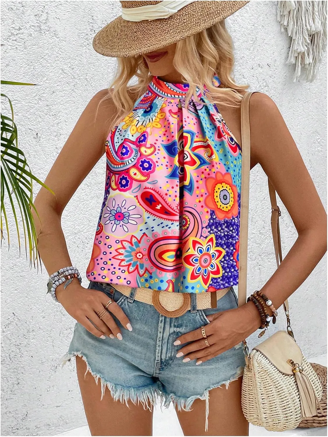 Women's Tropical Paisley Print Halter Blouse Sleeveless Boho Shirt Tops Button Back Vacation Tops