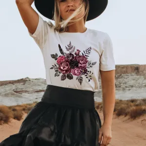 Women's Valentine's Day Vintage Watercolor Dark Roses on a White T-Shirt on a Soft Bella Canvas® T-Shirt